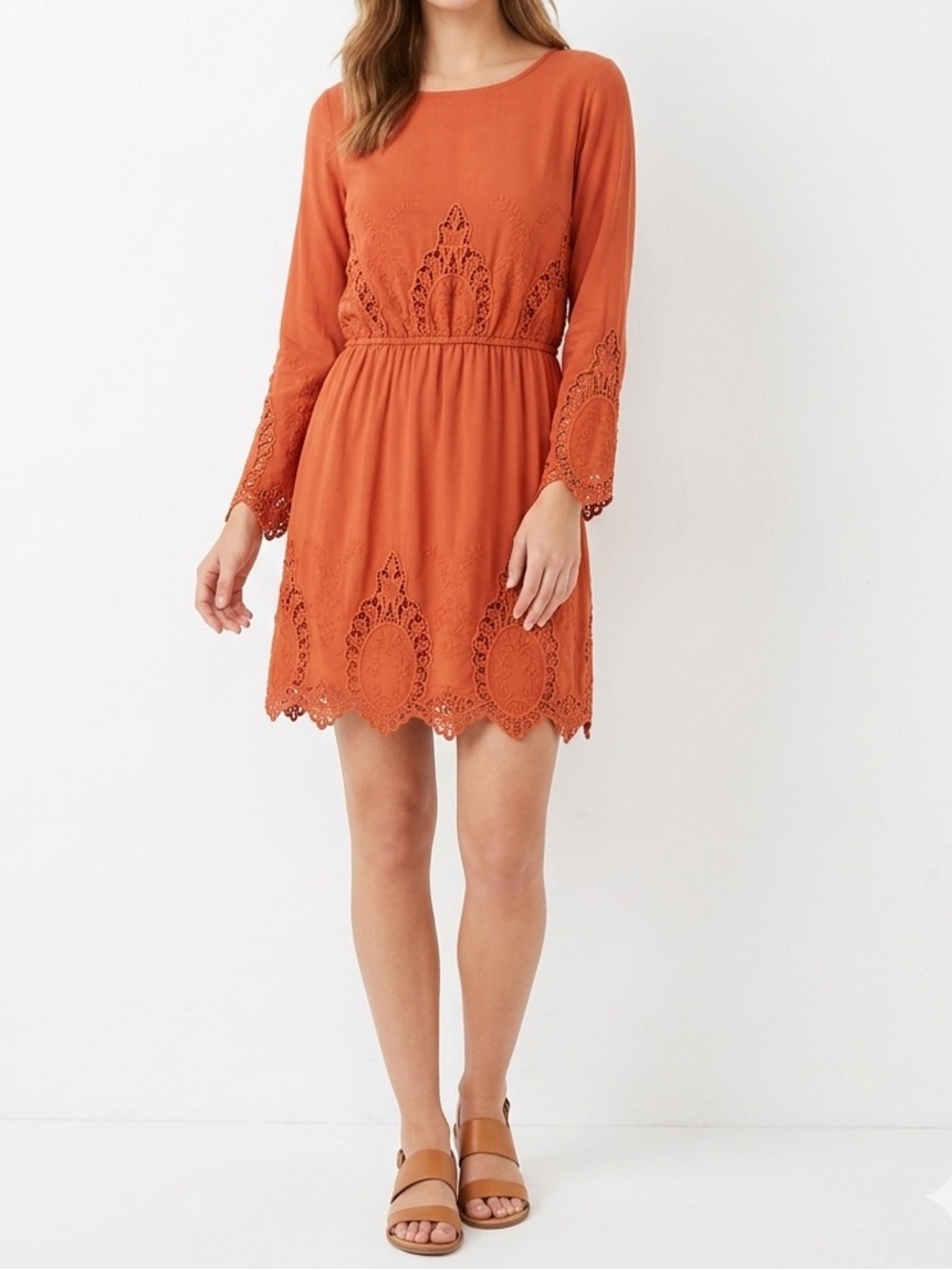 Gianni Bini Rust Orange Long Sleeve Lace-Trim Dress